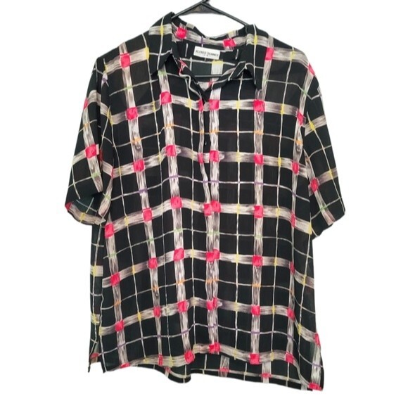 Alfred Dunner Vintage Grid Print Short Sleeve Button Up Blouse Size 16 - Picture 1 of 4